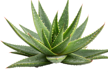 Beautiful fresh green aloe vera plant with succulent spiky leaves covered in water droplets, a natural source for health, skincare, and wellness