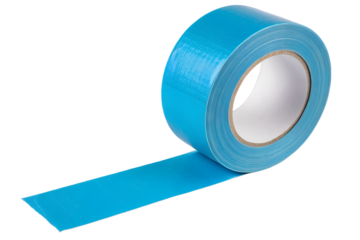Vibrant blue adhesive roll with a glossy surface, unspooling a strip of strong utility tape, ideal for versatile crafting and repair projects on a pristine white background