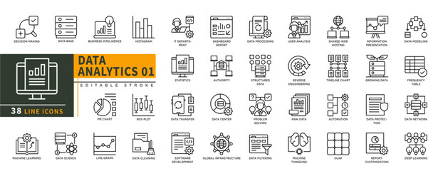 Minimalist Data Analytics line icons set with editable stroke, featuring decision making, data base, pie chart, line graph, data science, modeling, network, automation, raw. thin linear illustration.