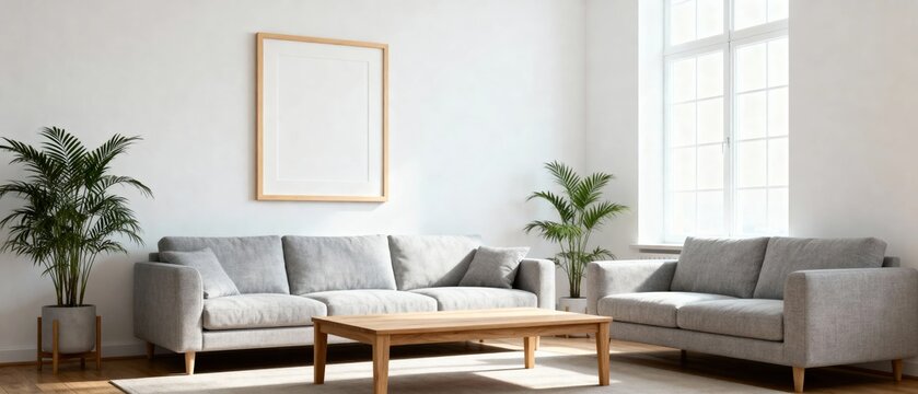 Modern minimalist living room with gray sofas, wooden coffee table, and potted plants near a large window
