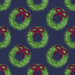 Christmas Wreath Pattern with Red Bow and Green Leaves