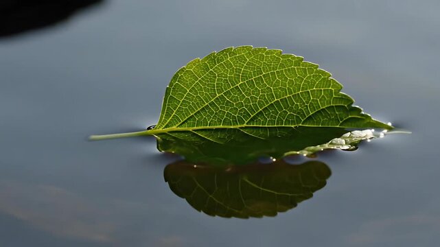 Captivating Close Up of a Single Green Leaf Floating on Calm Water Showcasing its Intricate Veins and a Perfect Reflection Embodying Natures Serenity and Tranquility