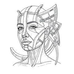 Intricate line art of a futuristic cyborg woman for coloring. © Anak