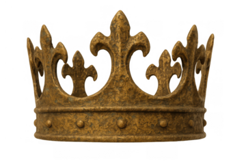 Golden king crown featuring fleur-de-lis symbols, showing royalty, power, monarchy, and medieval history on transparent background