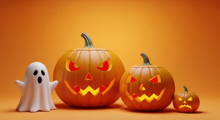 Spooky halloween scene with jackolanterns and ghost in warm orange background