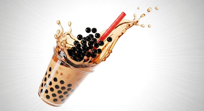 A glass filled with brown milk tea and black tapioca pearls splashes as red straw is inserted, creating dynamic refreshing beverage image.Bubble tea shop concept,copy space.