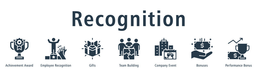 Recognition web banner icon vector illustration concept with icon of achievement award, employee recognition, gifts, team building, company event, bonuses, and performance bonus.
