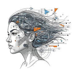 Conceptual illustration of a womans head with integrated technology circuits. © Anak