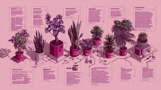 A flowchart with various plants and pots on a white background, in a vector illustration style. It includes text boxes for each plant to detail their care instructions in the English language
