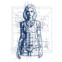 Artistic woman standing with a blueprint overlay, looking directly at the viewer.