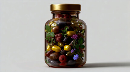 A glass bottle filled with multivitamins, natural tinctures, and plant-based pills on a white background.