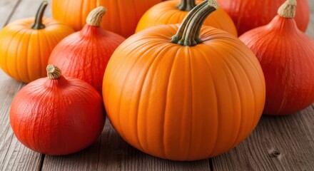 Assorted pumpkins and gourds displayed on rustic wooden surface for autumn decoration