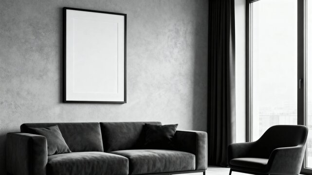 Minimalist living room with dark sofa, armchair, and blank framed artwork near large window