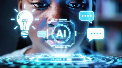 Young woman with digital light bulb, speech bubbles, and glowing circuit board - Powered by Adobe