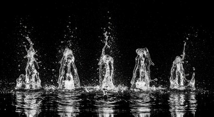 Dynamic water splashes in black background with five distinct droplet bursts