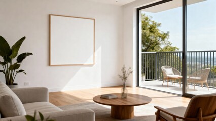 Fototapeta premium Modern minimalist living room with large glass doors opening to a balcony, featuring neutral tones, wooden furniture, and indoor plants.