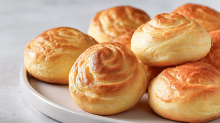 Fresh golden bread rolls stacked on a ceramic plate