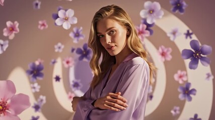 Woman Embracing Herself Surrounded by Floral Background