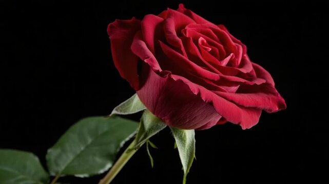A single red rose sits atop a stem against a black background