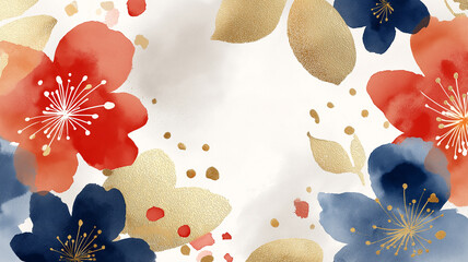 水彩と金彩で彩られた抽象的な花々が映える和柄イラスト。高級感と伝統美を併せ持つ背景素材として、様々な用途に適応。