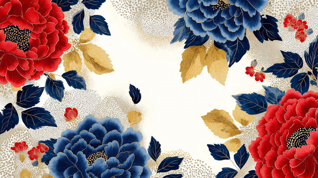 水彩と金彩で彩られた抽象的な花々が映える和柄イラスト。高級感と伝統美を併せ持つ背景素材として、様々な用途に適応。