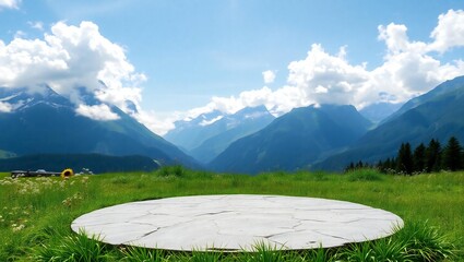 Empty circular platform in a lush green meadow with majestic mountain backdrop