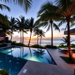 Luxury pool overlooking ocean at sunset with palm trees.