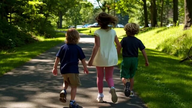 Three Young Children Running Down Paved Sidewalk in Summer