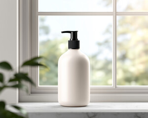 Mockup bottle with a black dispenser placed on a marble windowsill