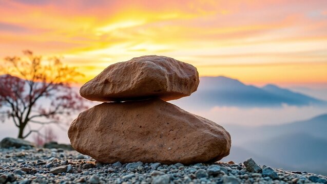 Zen stone cairn balanced on rocky terrain at sunrise with misty mountains