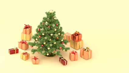 クリスマスツリーと色とりどりのギフトボックスが並ぶ華やかなホクリスマスツリーと色とりどりのギフトボックスが並ぶ華やかなホリデー背景