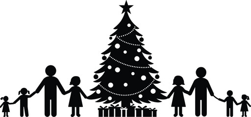 Black silhouette family holding hands around a decorated Christmas tree with gifts