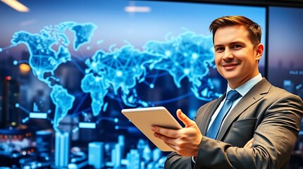 Businessman using tablet analyzing automation and artificial intelligence growth trends to optimize operational efficiency and drive innovation in manufacturing processes.
