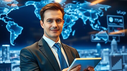 Businessman using tablet analyzing automation and artificial intelligence growth trends to optimize operational efficiency and drive innovation in manufacturing processes.