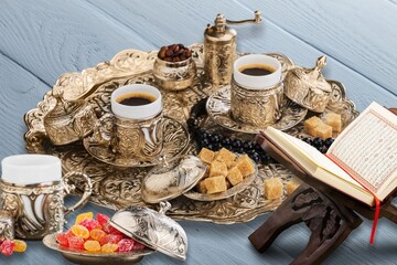 Metal arabic tableware with premium silver cups