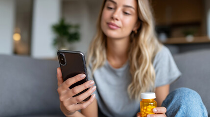 Woman holding pill bottle and smartphone for online telemedicine consultation