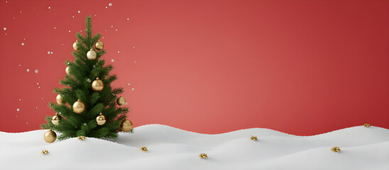 New Year Christmas Tree with Golden Ornaments on Snowy Ground, Red Background Banner for Holiday Greetings and Seasonal 
