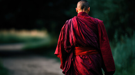 Monk walks off beaten path towards serene temple, embodying peace and tranquility in lush green landscape