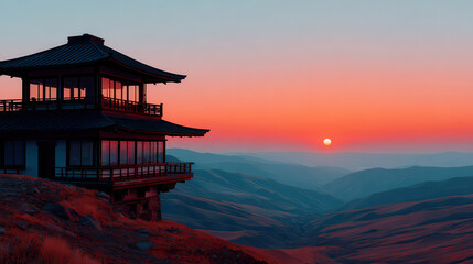 Serene temple off beaten path overlooks rolling hills as sun sets, casting warm glow across landscape