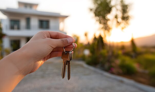 real estate agent holding keys in front of their new house during sunse - Powered by Adobe