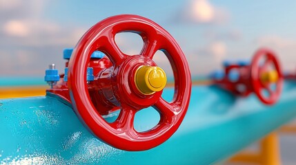 Red Control Valve on Teal Pipeline Under Bright Sky