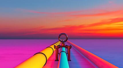 Pixelated Pipelines at Sunset Over a Pink and Purple Sea