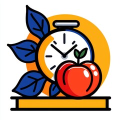 Vibrant Illustration of Stopwatch Peach and Leaves
