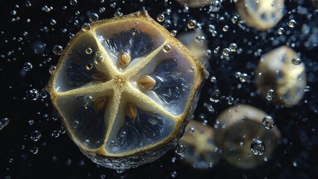 A cross-section of a fruit slice with seeds, surrounded by water droplets on a black background