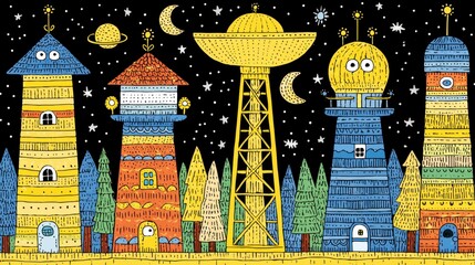 Whimsical Nighttime Towers and Observatories Pixel Art Illustration