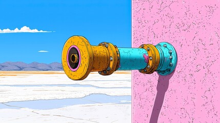 Whimsical Pixel Art Desert Landscape with Golden and Teal Pipe