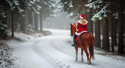 Woman in Santa Claus costume riding a horse through a snowy forest path, for winter holiday marketing and festive seasonal promotions.