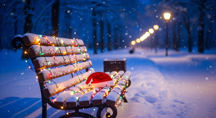 Festive park bench covered in snow and colorful Christmas lights, with a Santa hat, for winter holiday greetings and seasonal promotions.