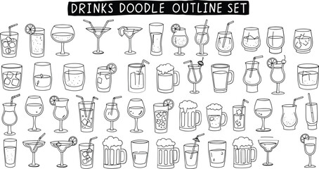 Collection of hand drawn outline beverage icons in various glasses drink cocktail