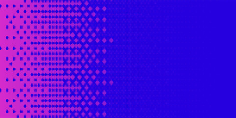 Pixelated bitmap gradient texture. Blue and pink dither pattern background. Abstract glitchy pattern. 8 bit video game screen wallpaper. Wide pixel art retro illustration. Vector backdrop